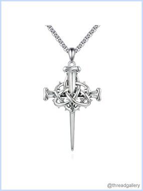 925 Sterling Silver Crown of Thorns Nail Necklace Gothic Cross Pendant